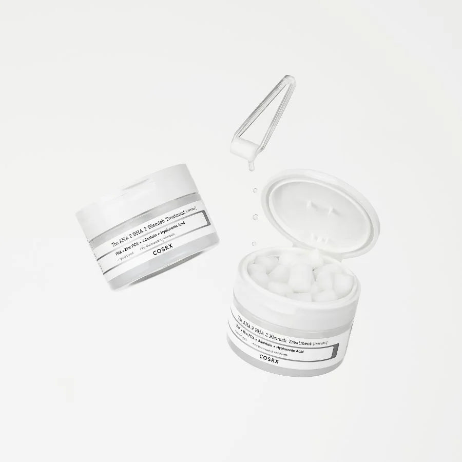 Cosrx The AHA 2 BHA 2 Blemish Treatment Serum hydrating exfoliating soothing oil-controling serum cotton ball SOS acne treatments dark spots scars whiteheads blackheads pimple men women K Beauty World