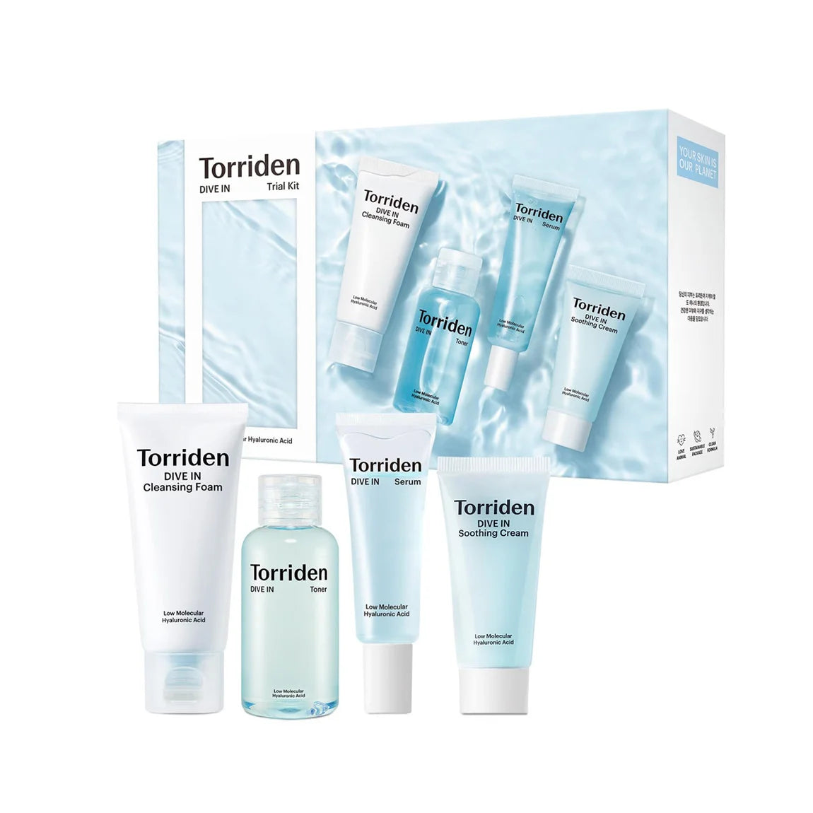 Torriden DIVE-IN Trial Kit hydrating soothing toner cleanser serum face cream K Beauty World