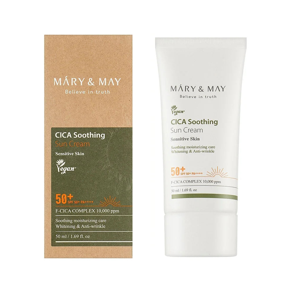 Mary & May CICA Soothing Sun Cream SPF50+ PA++++ brightening anti-wrinkle hydrating calming centella aisatica redness care  K Beauty World